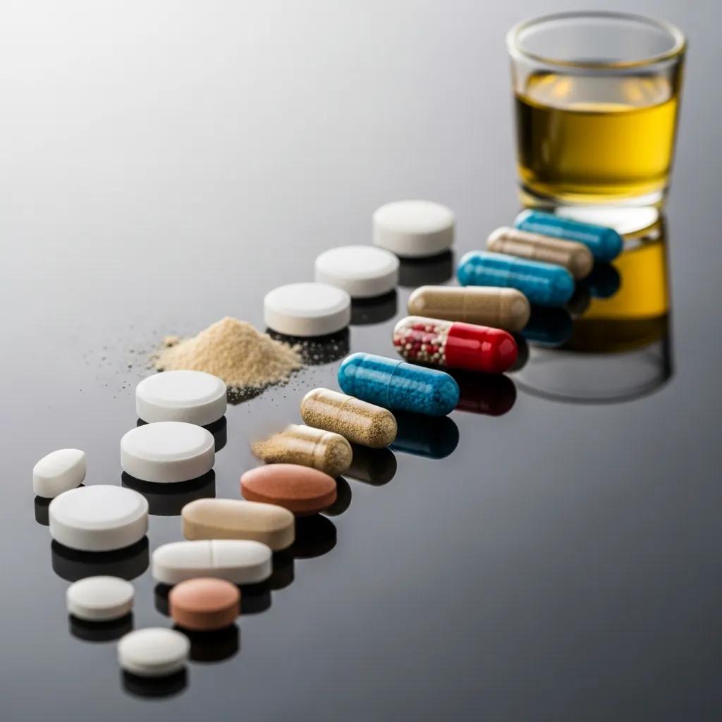 Variety of tablets, capsules, powders, and liquids demonstrating modern nutraceutical delivery formats