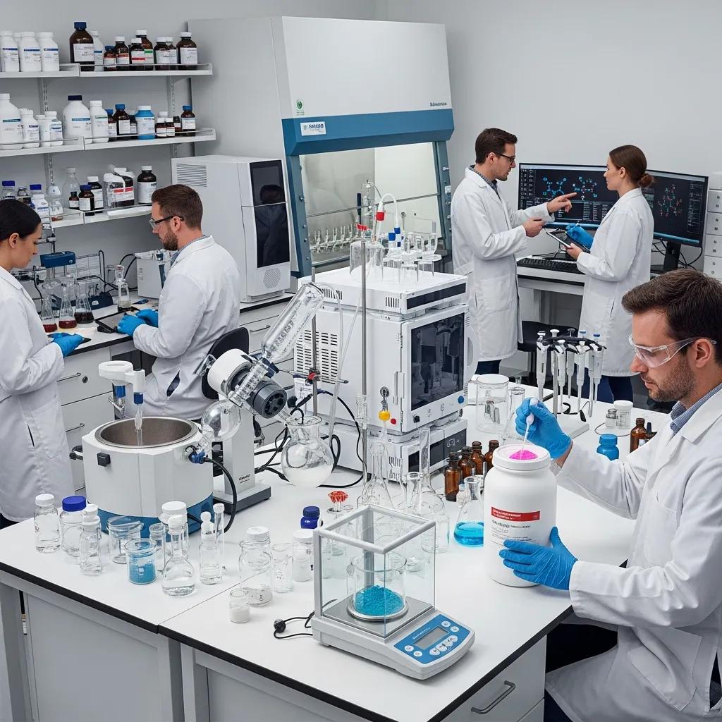 Laboratory team developing tailored nutraceutical formulations in a controlled facility